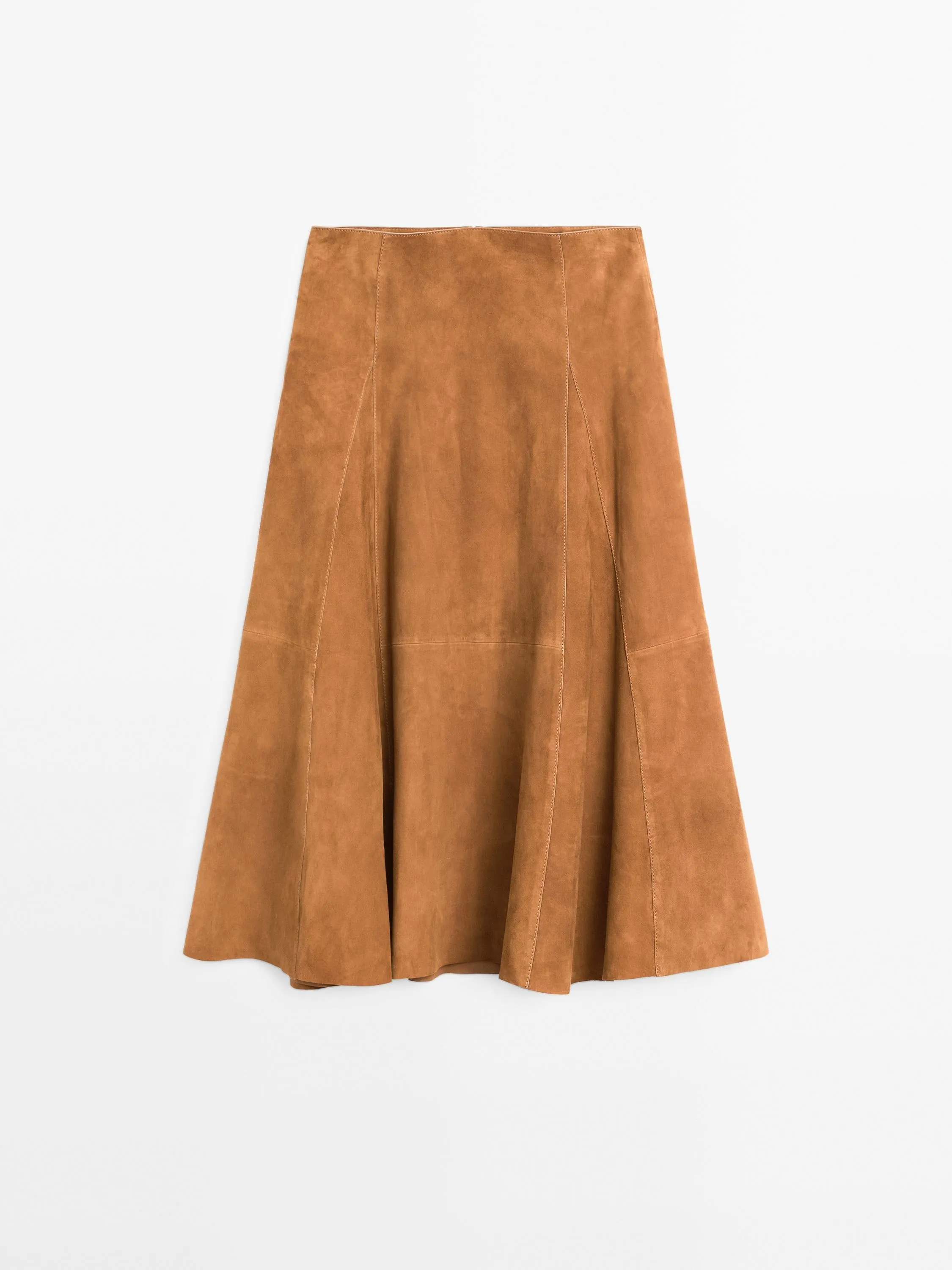Suede leather flared midi skirt
