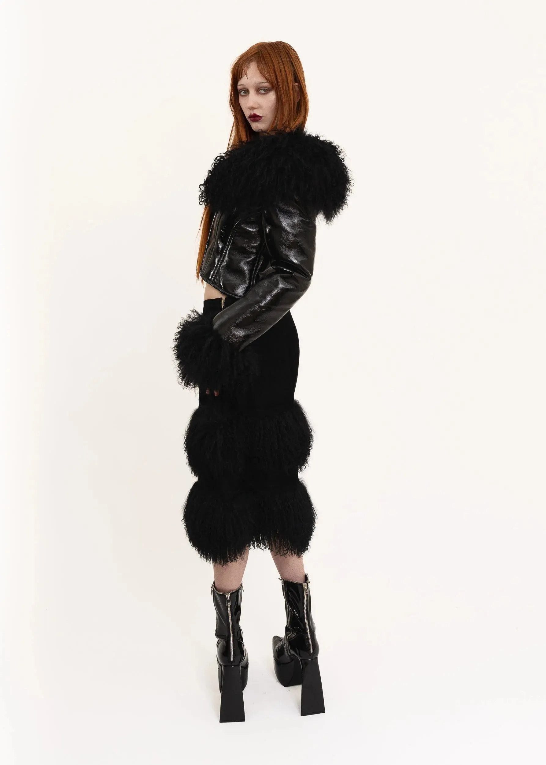 Suede skirt with Mongolian sheepskin trim
