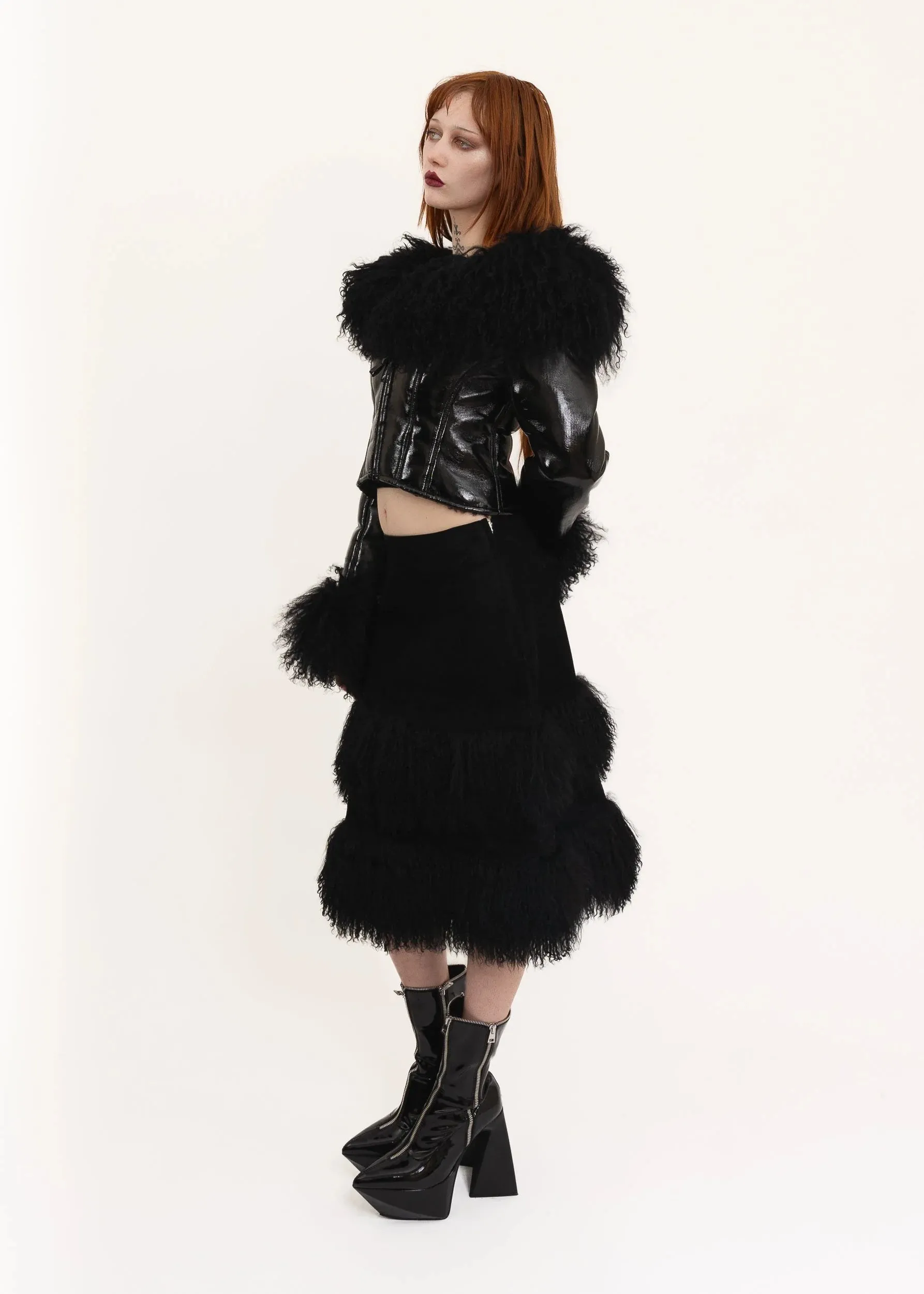 Suede skirt with Mongolian sheepskin trim
