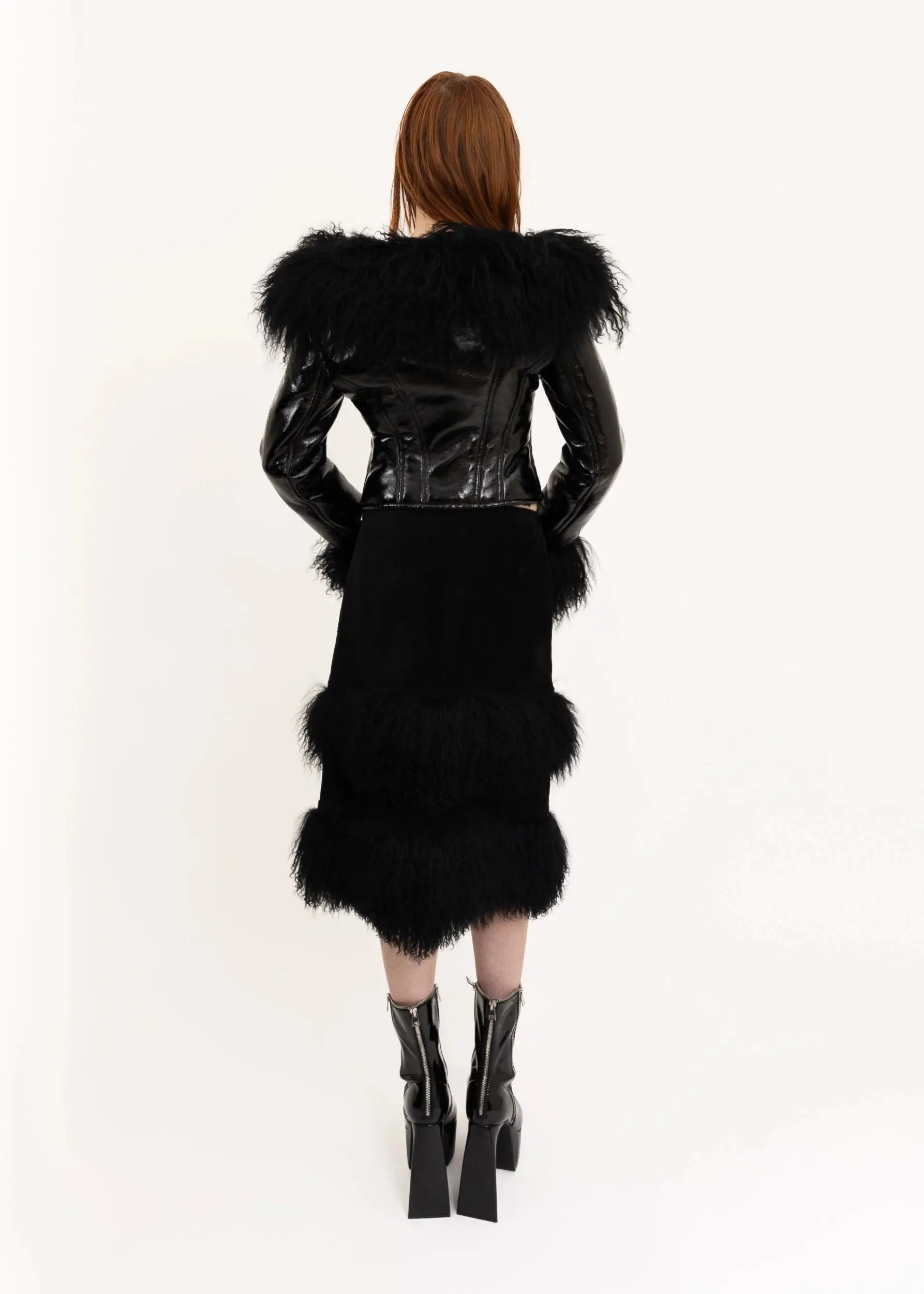 Suede skirt with Mongolian sheepskin trim