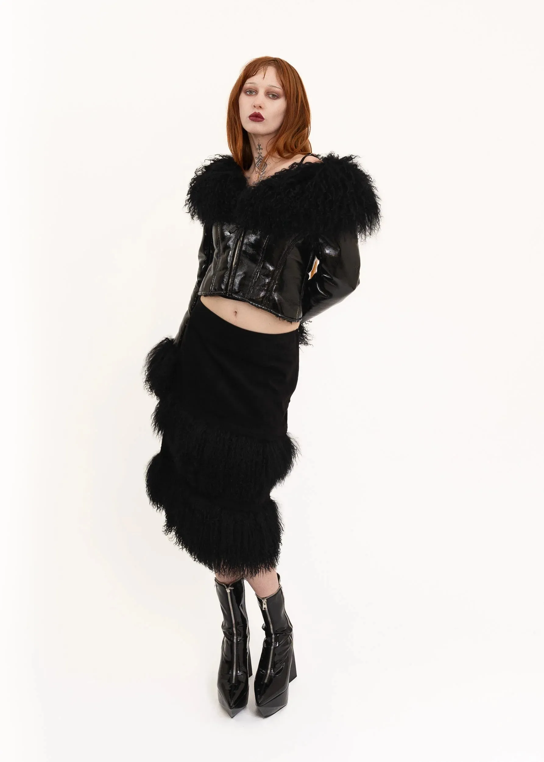 Suede skirt with Mongolian sheepskin trim