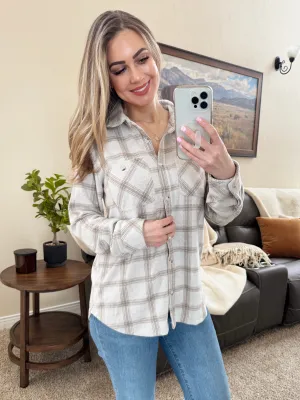 Sweatshirt Button Down Top In Brown Plaid