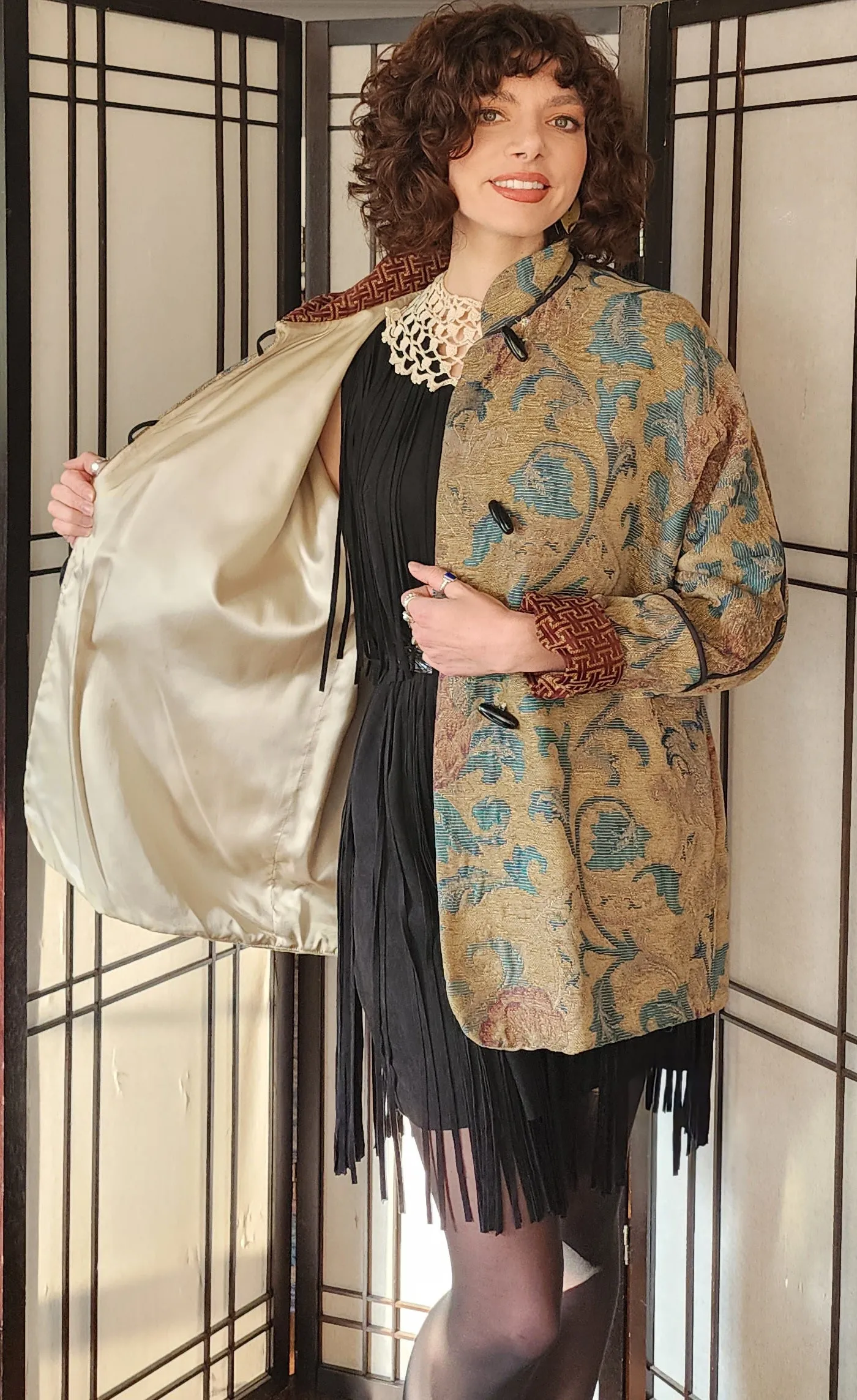 Tapestry Weave Jacket Gloria Walsh Gold Green Leafy Pattern