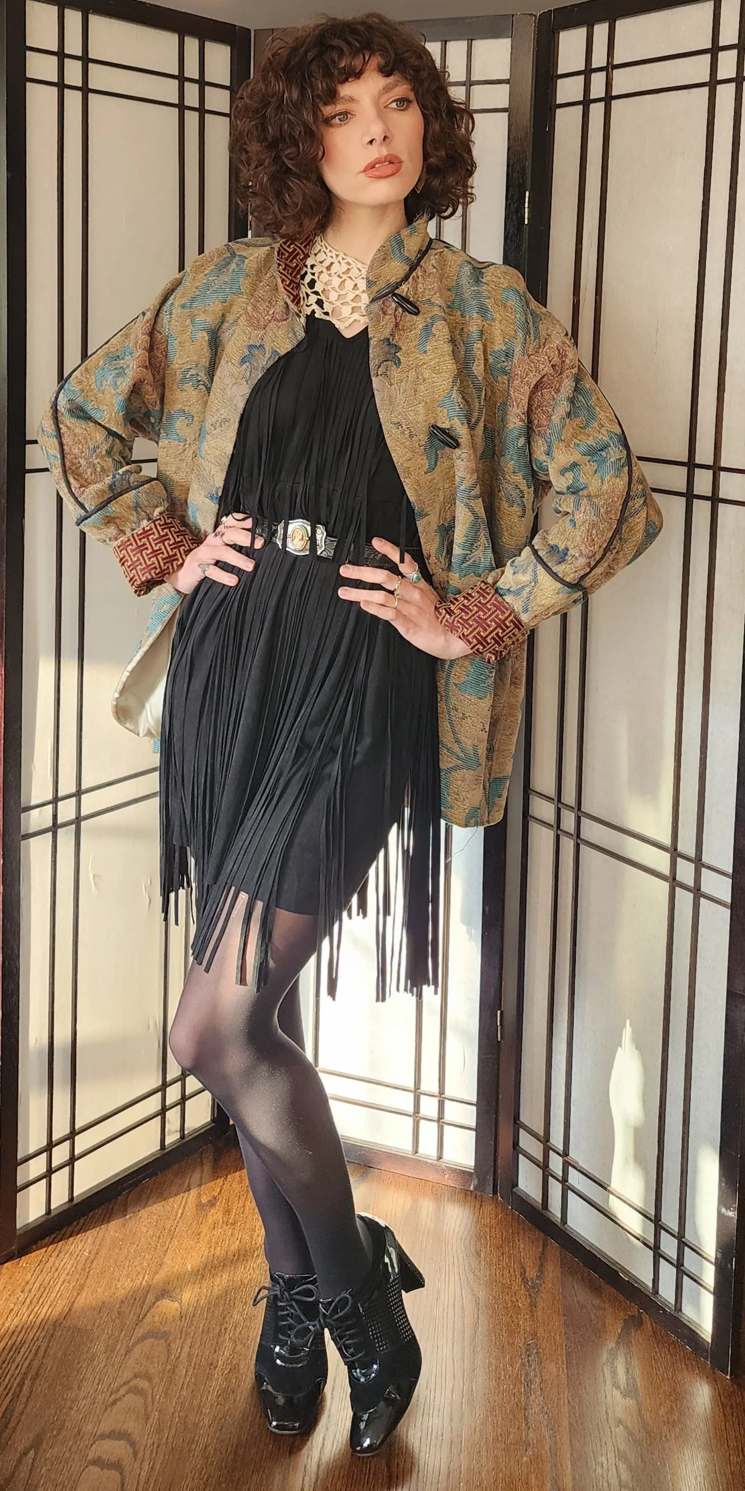 Tapestry Weave Jacket Gloria Walsh Gold Green Leafy Pattern