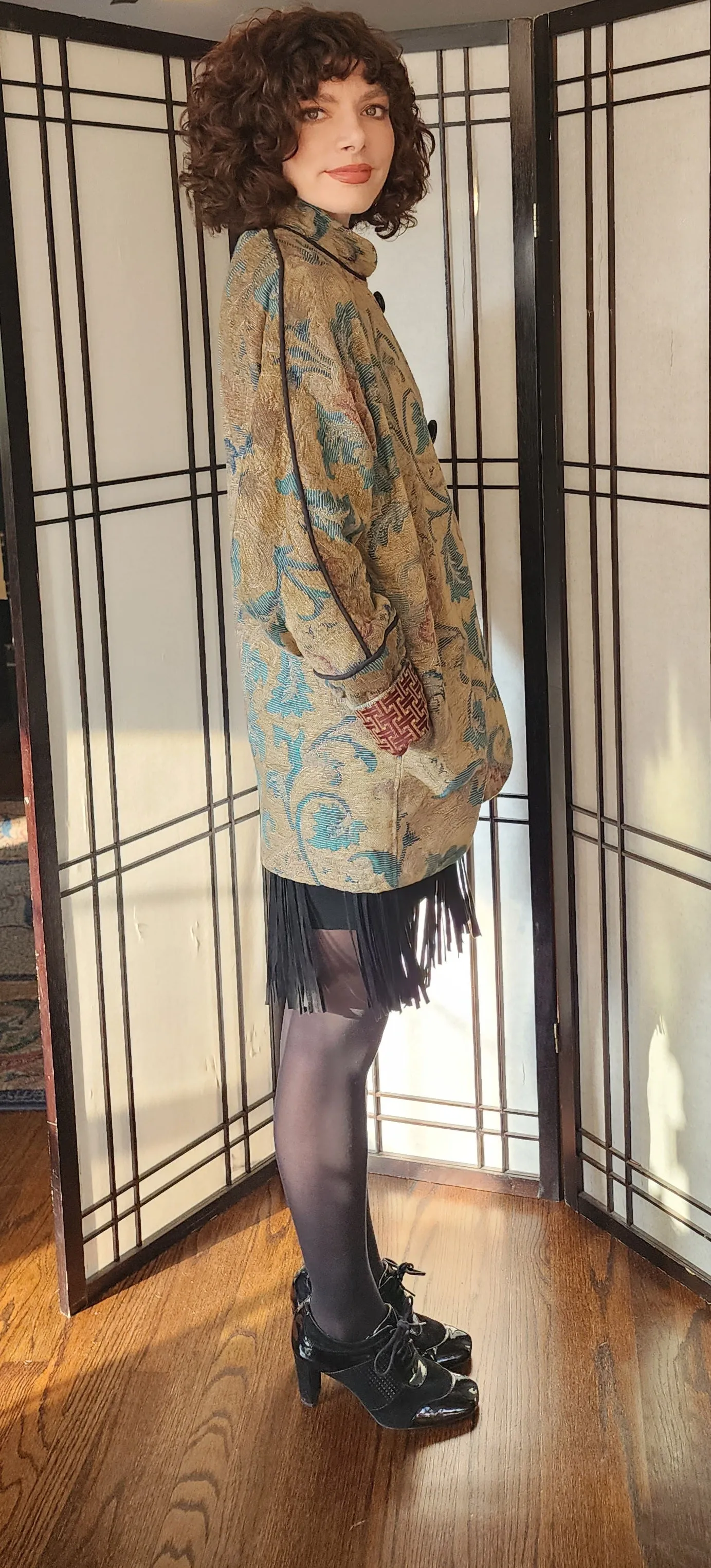 Tapestry Weave Jacket Gloria Walsh Gold Green Leafy Pattern