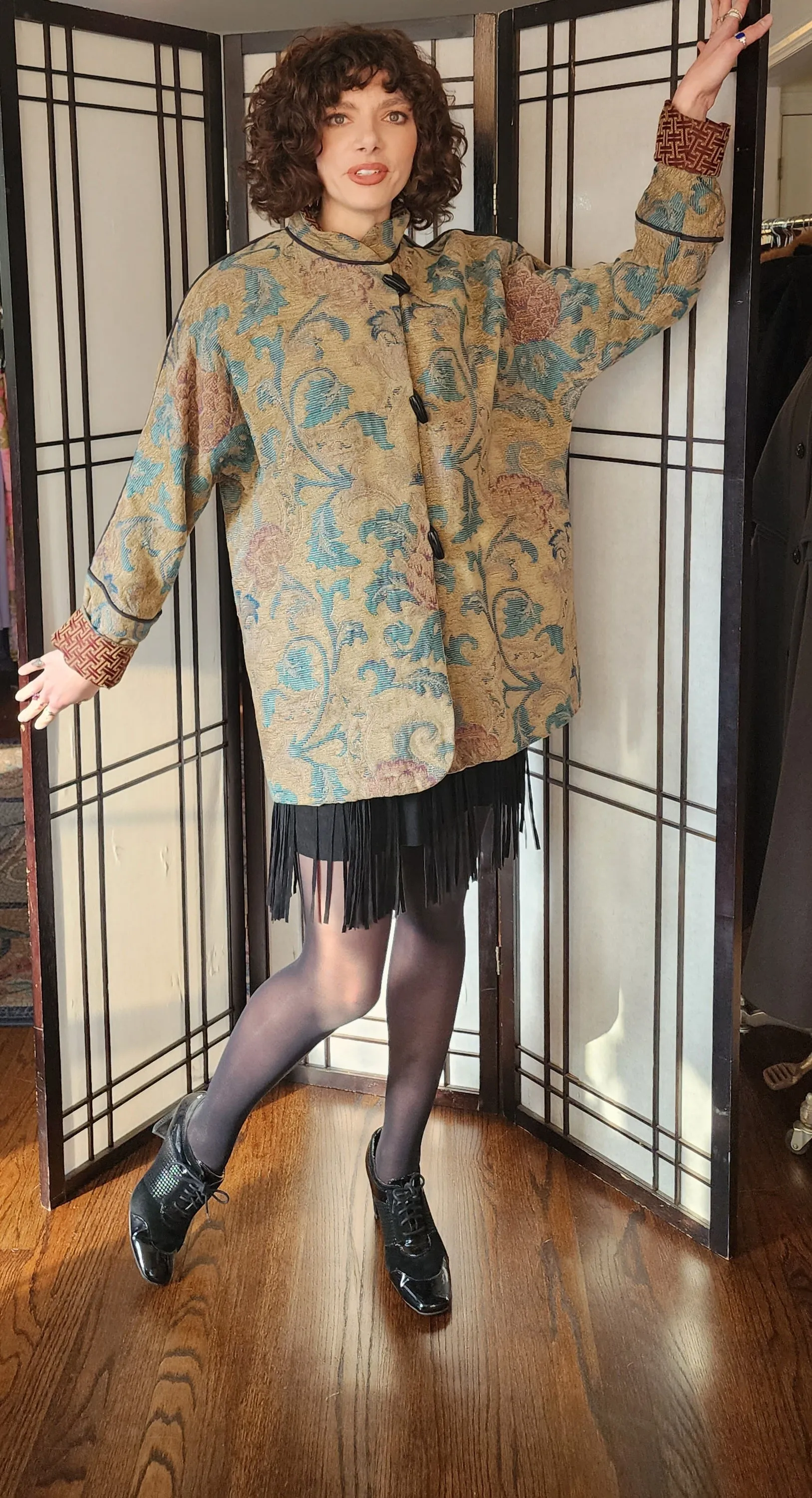 Tapestry Weave Jacket Gloria Walsh Gold Green Leafy Pattern