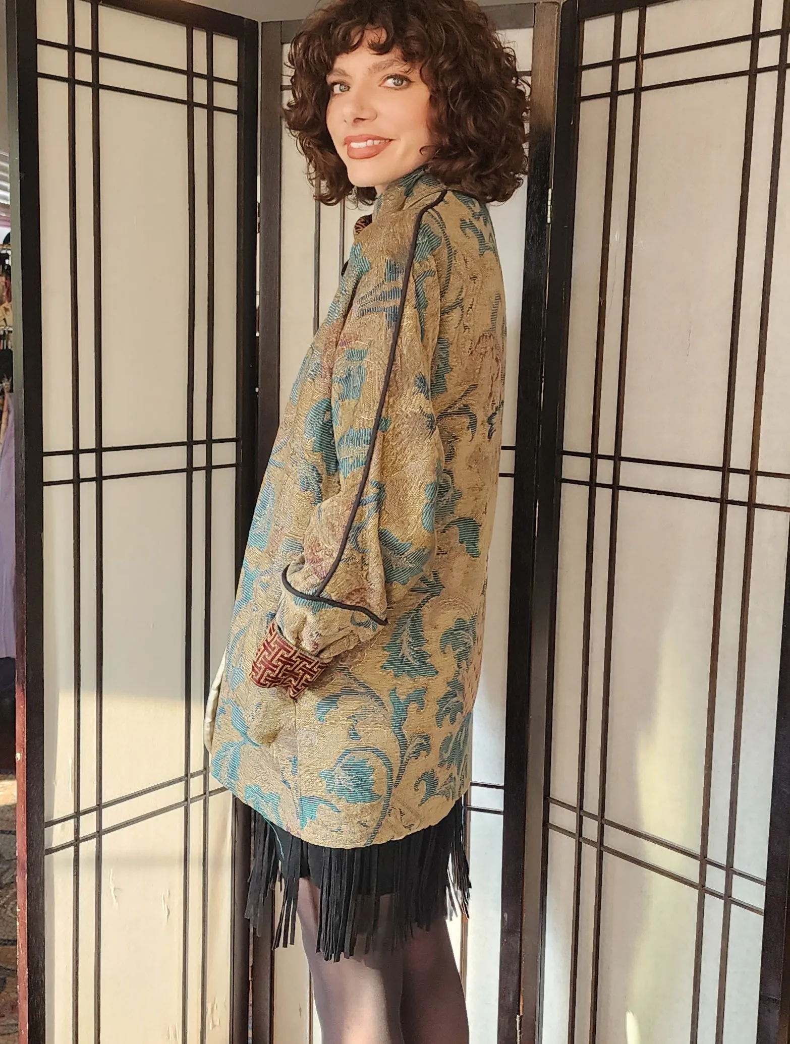Tapestry Weave Jacket Gloria Walsh Gold Green Leafy Pattern