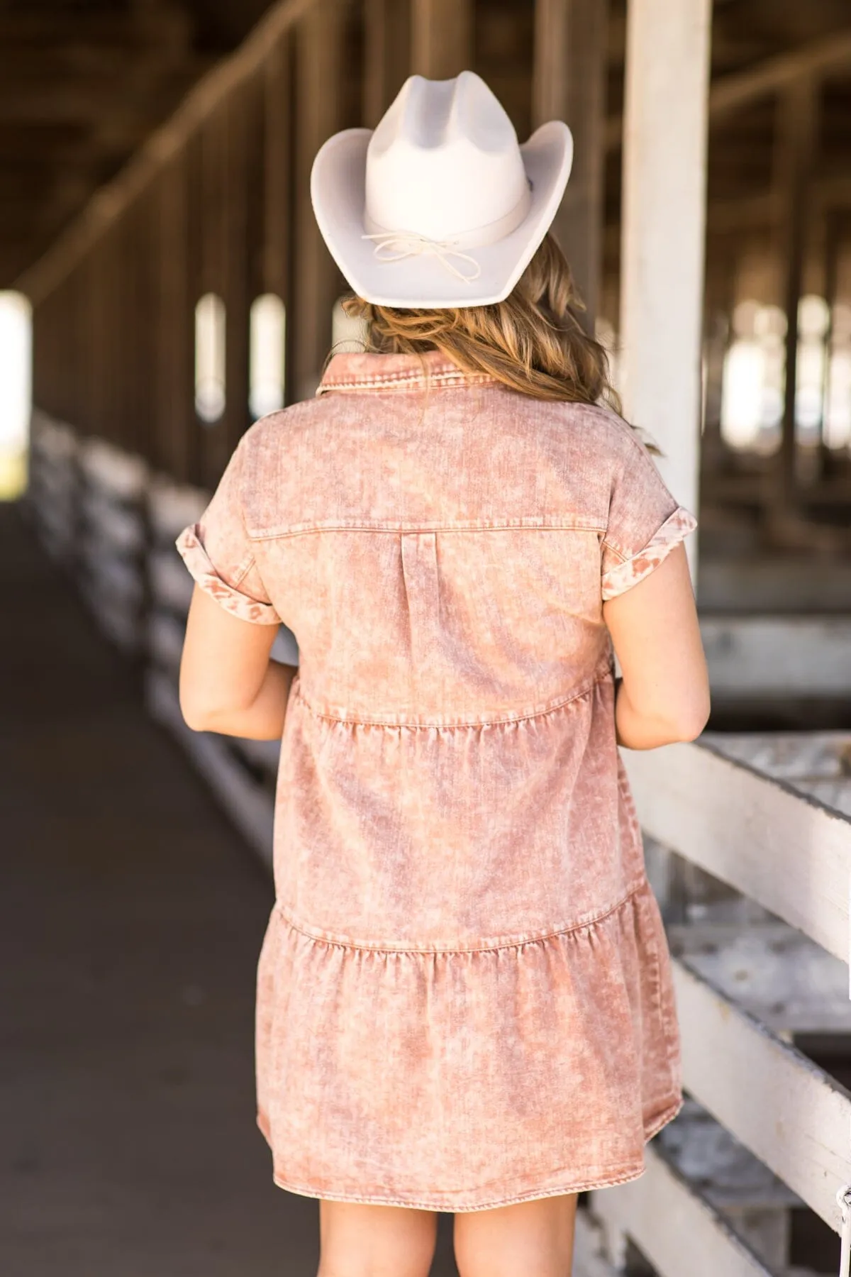 Terra Cotta Washed Denim Short Sleeve Dress