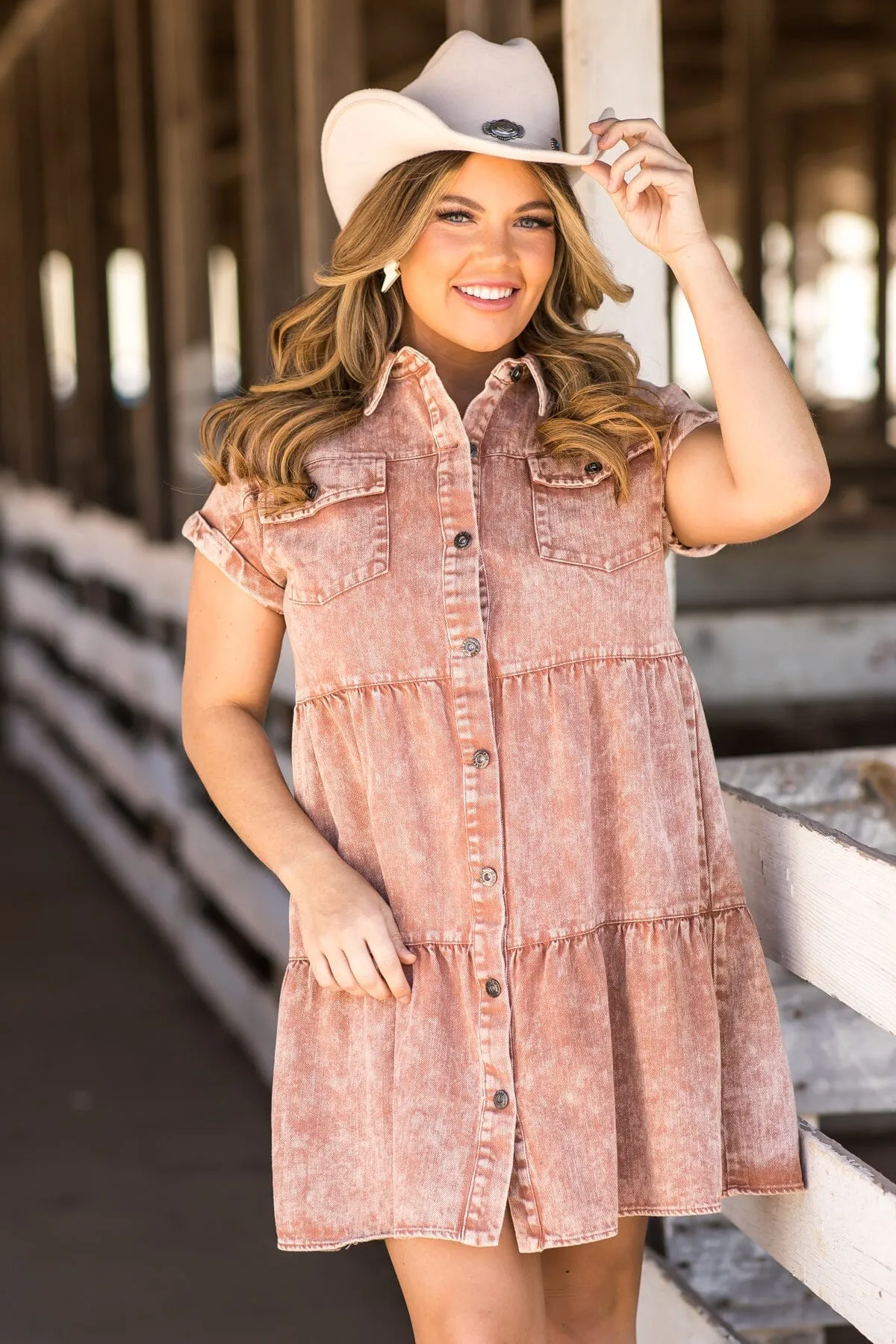 Terra Cotta Washed Denim Short Sleeve Dress