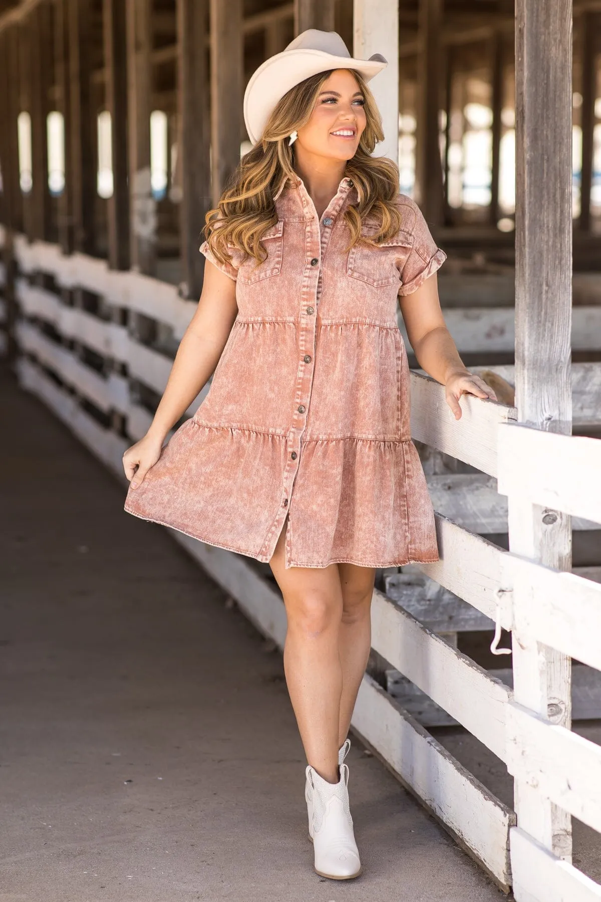 Terra Cotta Washed Denim Short Sleeve Dress