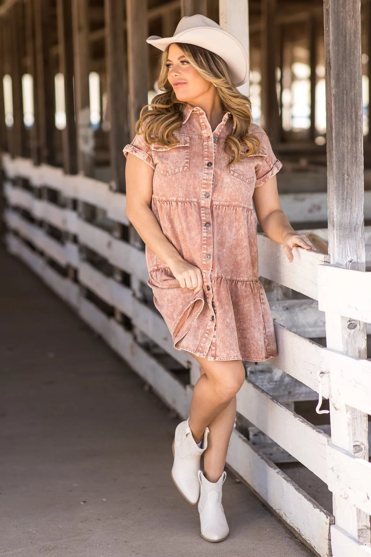 Terra Cotta Washed Denim Short Sleeve Dress
