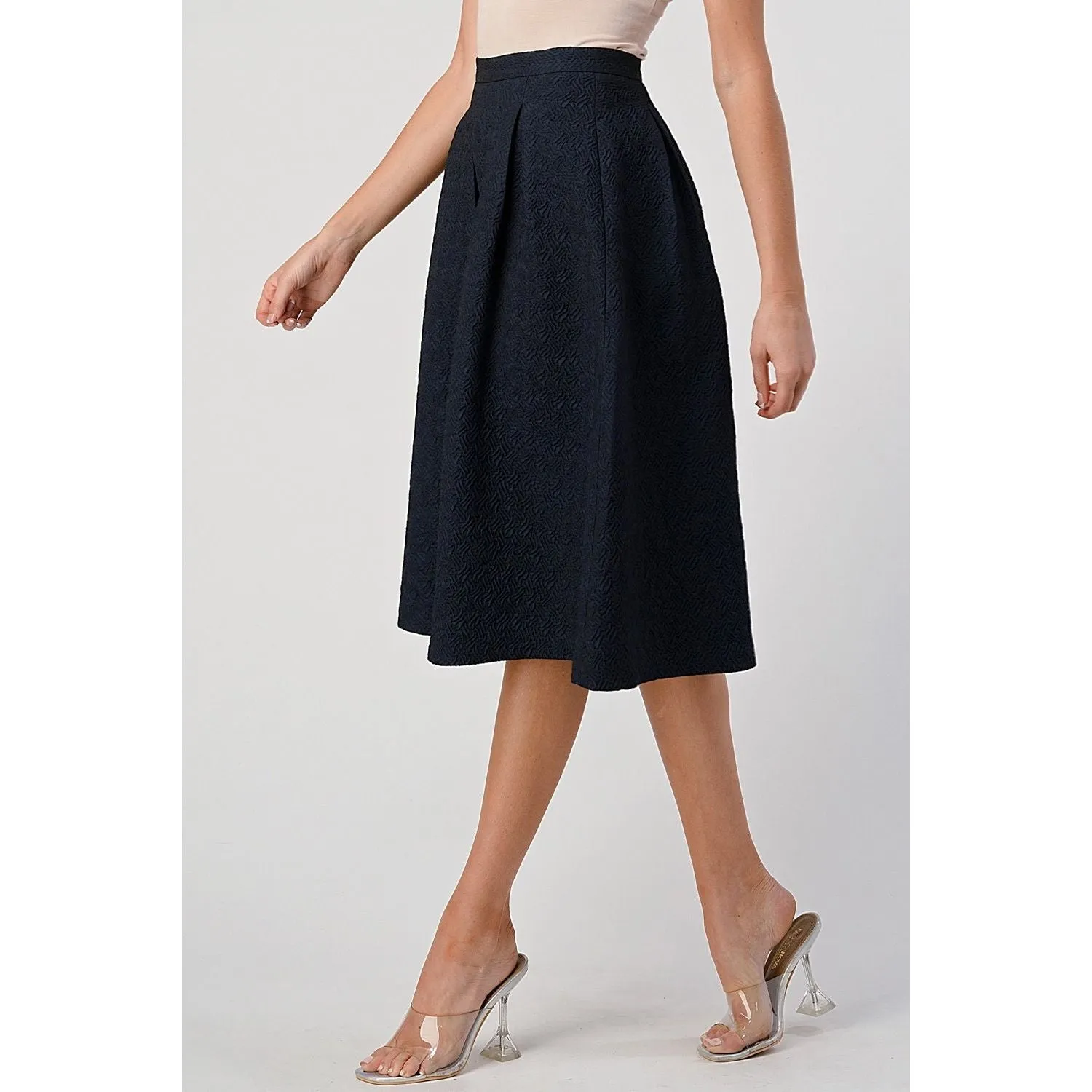 Textured A-Line Midi Skirt with Pleats