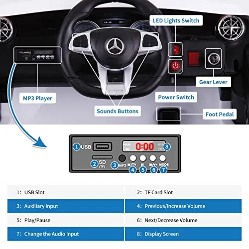 TOBBI 12V Licensed Mercedes Benz Kids Car Electric Ride On Car Motorized Vehicle with Remote Control, 2 Powerful Motors, LED Lights, MP3 Player/USB Port/TF Interface, White