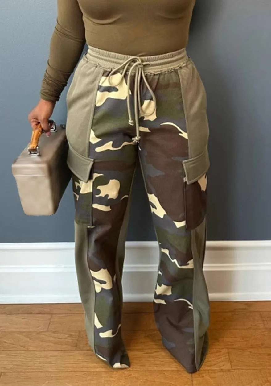 Trendy Wide-Leg Camouflage Pants with Contrasting Panels and Drawstring Waist