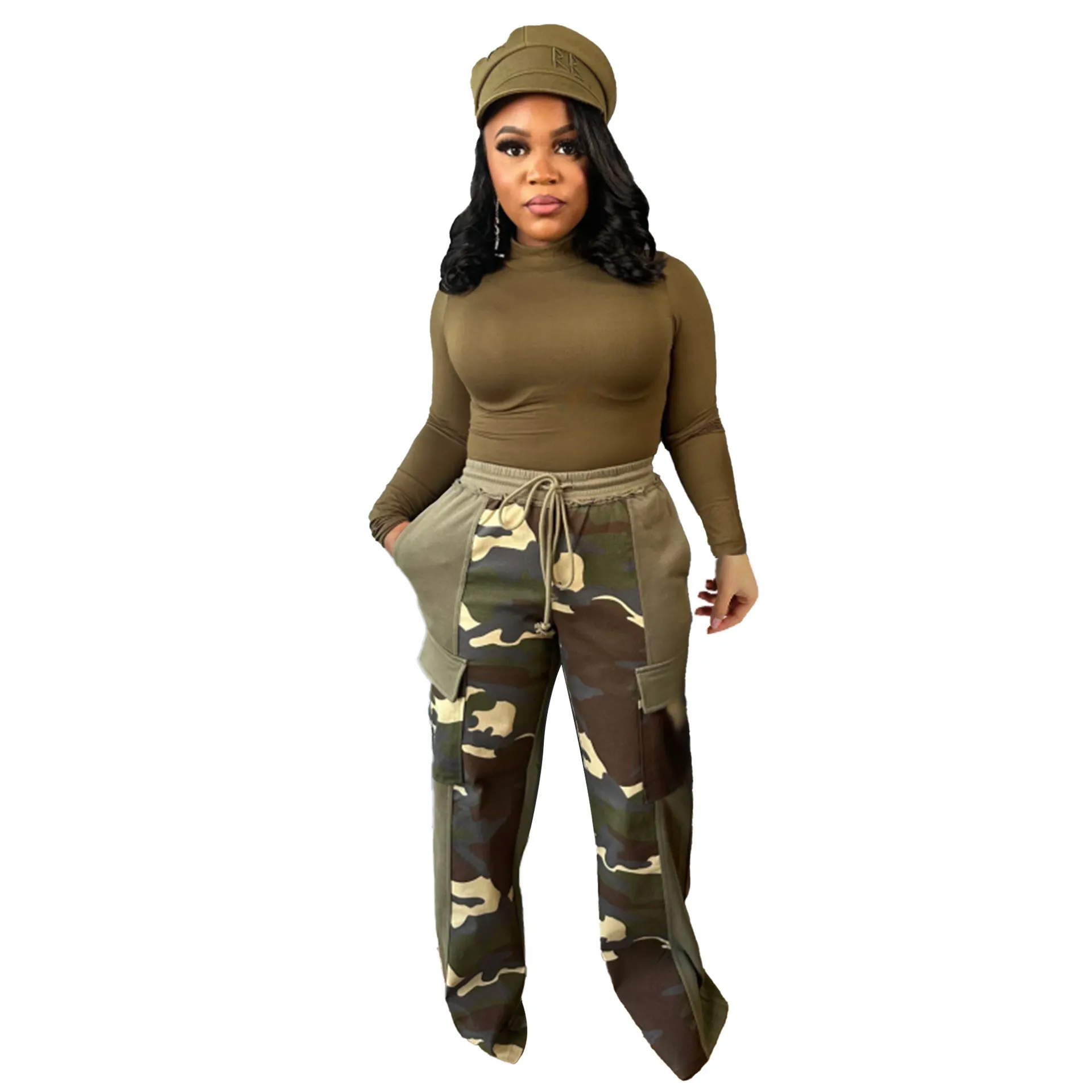 Trendy Wide-Leg Camouflage Pants with Contrasting Panels and Drawstring Waist