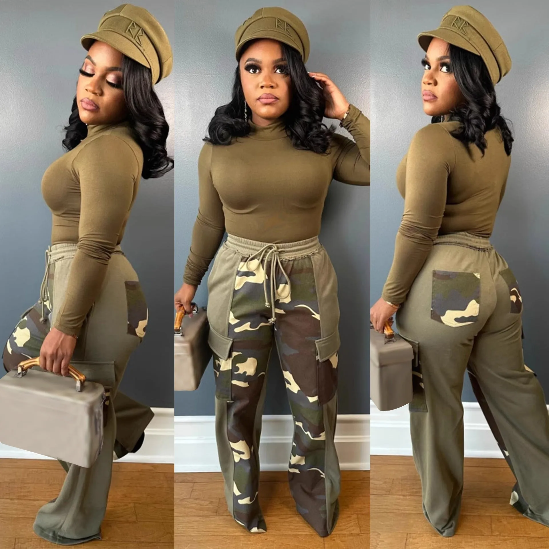 Trendy Wide-Leg Camouflage Pants with Contrasting Panels and Drawstring Waist