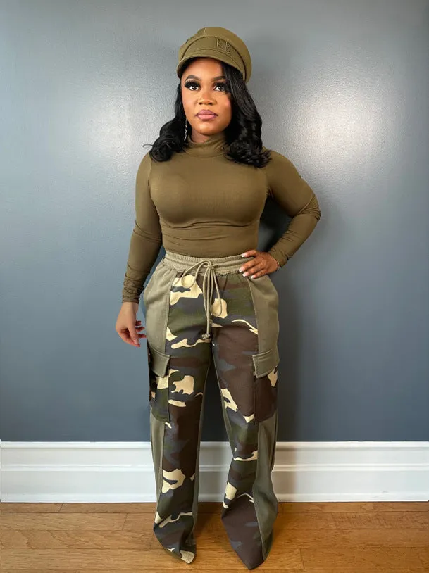Trendy Wide-Leg Camouflage Pants with Contrasting Panels and Drawstring Waist