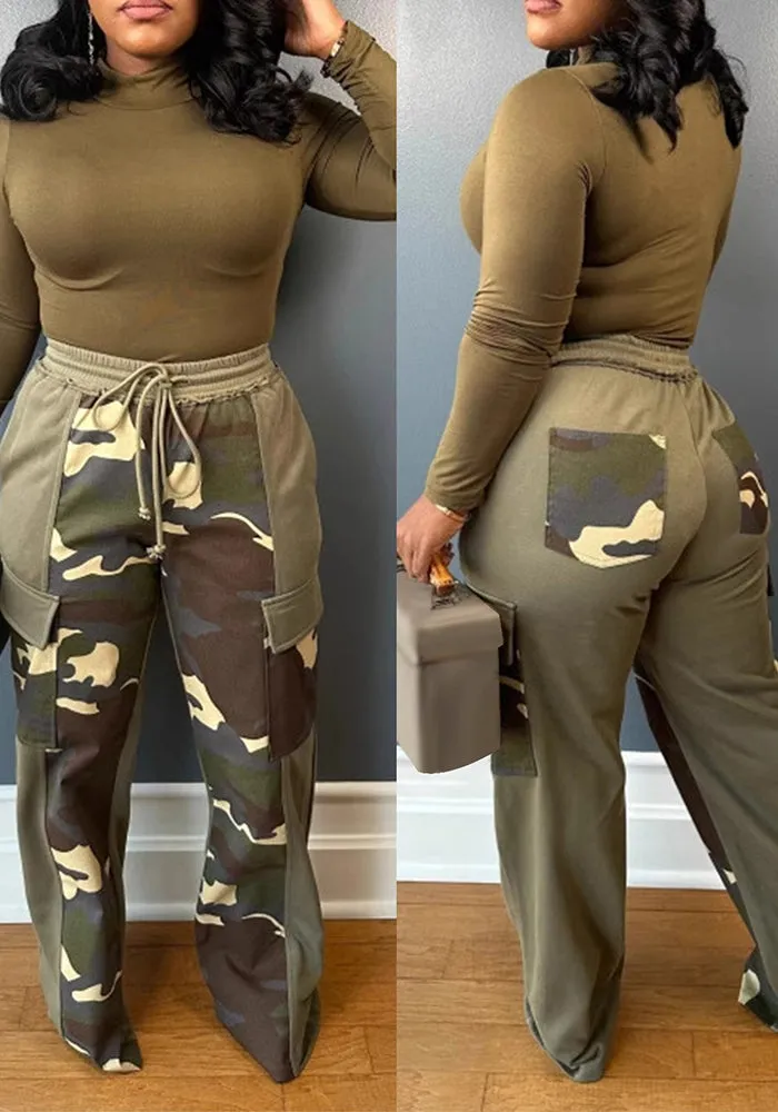Trendy Wide-Leg Camouflage Pants with Contrasting Panels and Drawstring Waist