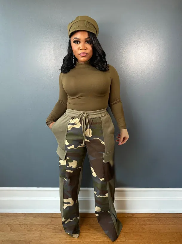 Trendy Wide-Leg Camouflage Pants with Contrasting Panels and Drawstring Waist
