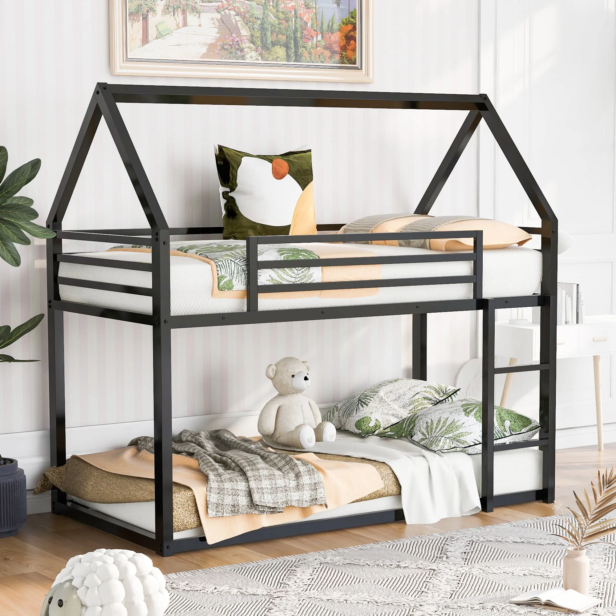 Twin over Twin House Bunk Bed with Built-in Ladder,White