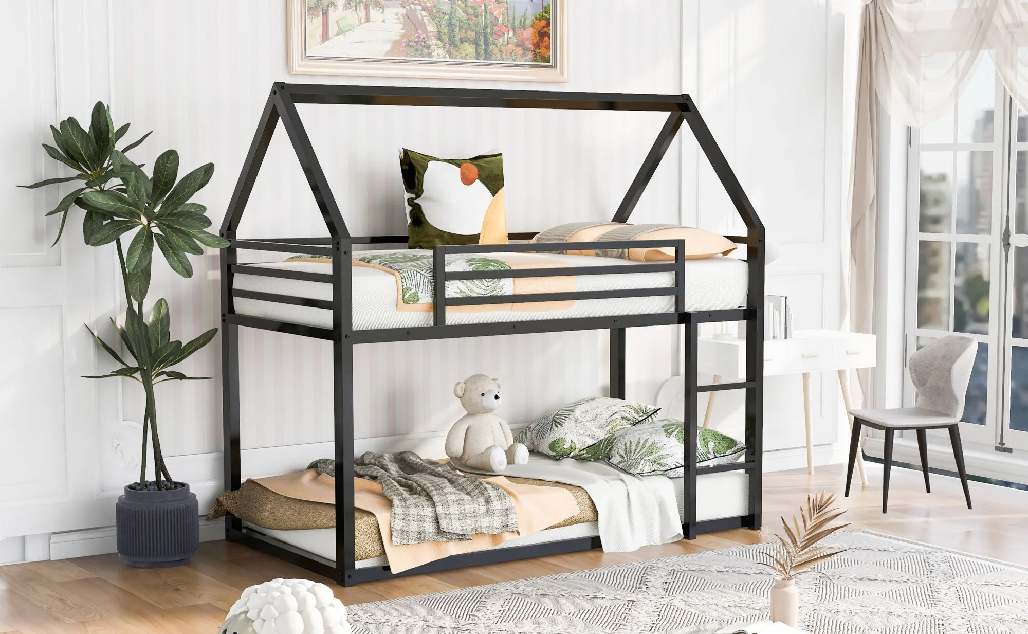 Twin over Twin House Bunk Bed with Built-in Ladder,White