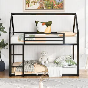 Twin over Twin House Bunk Bed with Built-in Ladder,White