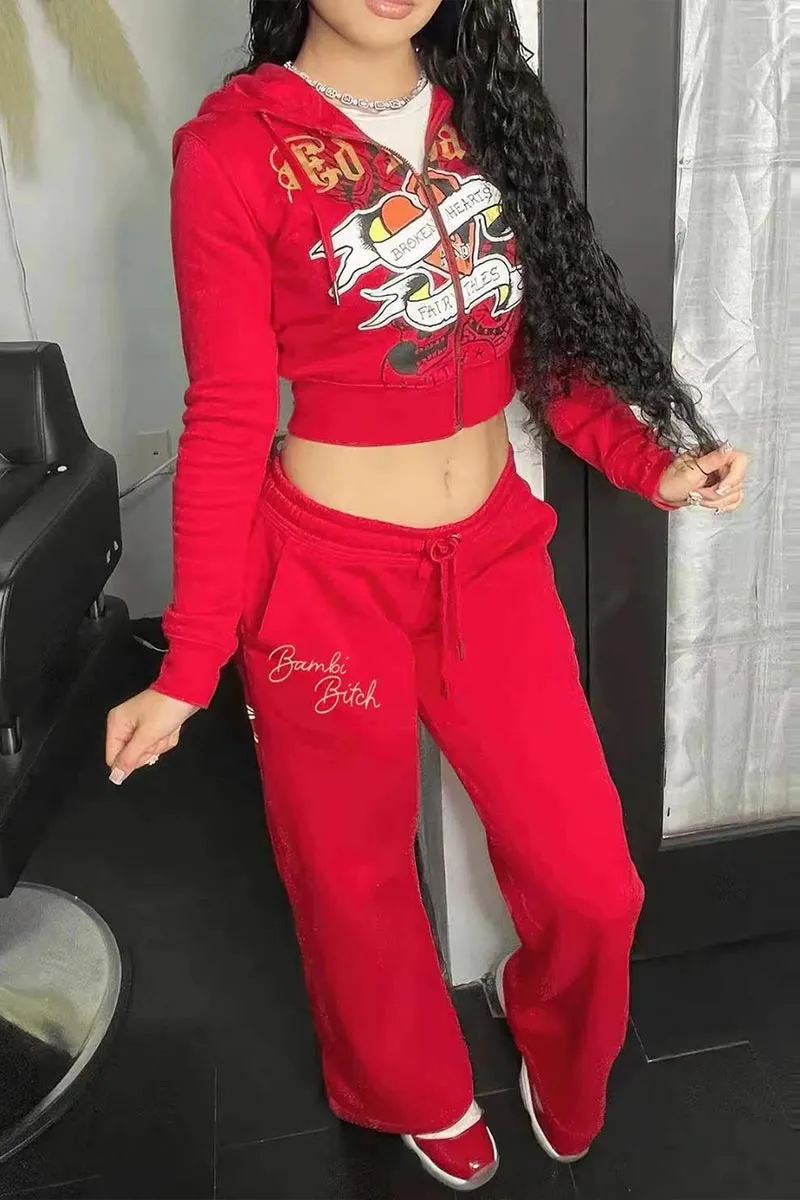 UI627 Graphic Crop Jacket Top and Pants Set
