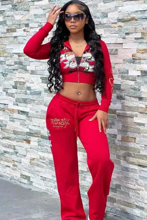 UI627 Graphic Crop Jacket Top and Pants Set
