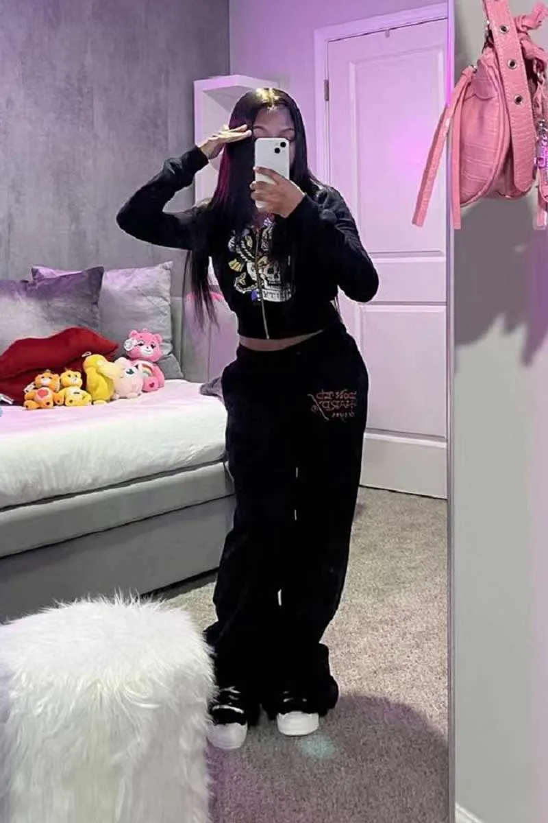 UI627 Graphic Crop Jacket Top and Pants Set