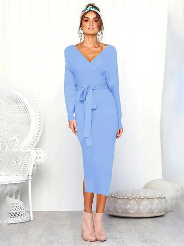 V-Neck Midi Dress with Lace-Up Wrap and Belted Waist