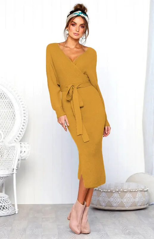 V-Neck Midi Dress with Lace-Up Wrap and Belted Waist