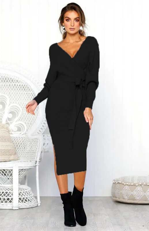 V-Neck Midi Dress with Lace-Up Wrap and Belted Waist