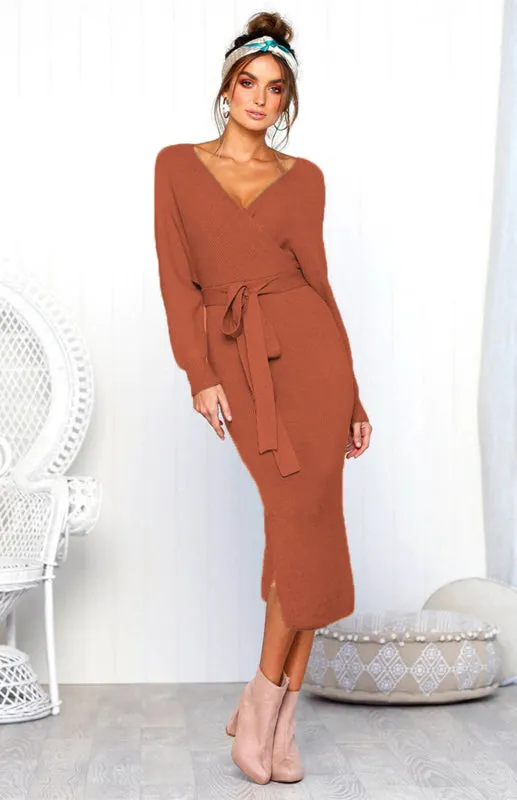 V-Neck Midi Dress with Lace-Up Wrap and Belted Waist
