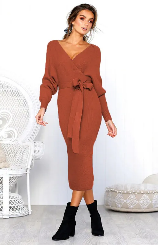 V-Neck Midi Dress with Lace-Up Wrap and Belted Waist