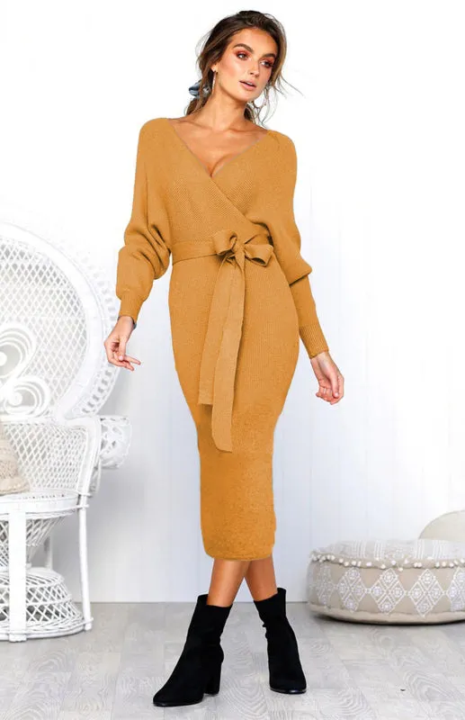 V-Neck Midi Dress with Lace-Up Wrap and Belted Waist