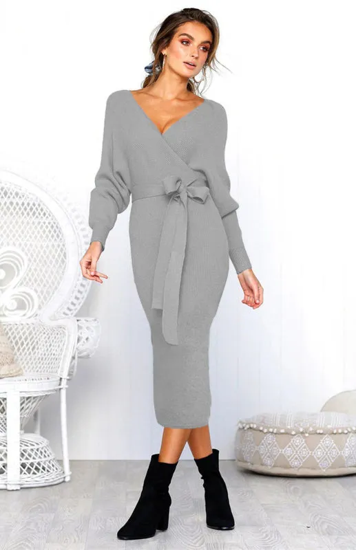 V-Neck Midi Dress with Lace-Up Wrap and Belted Waist