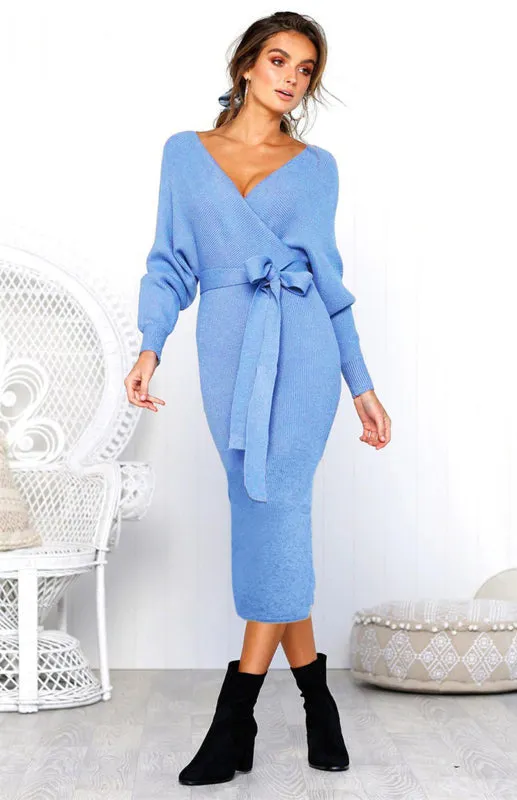 V-Neck Midi Dress with Lace-Up Wrap and Belted Waist