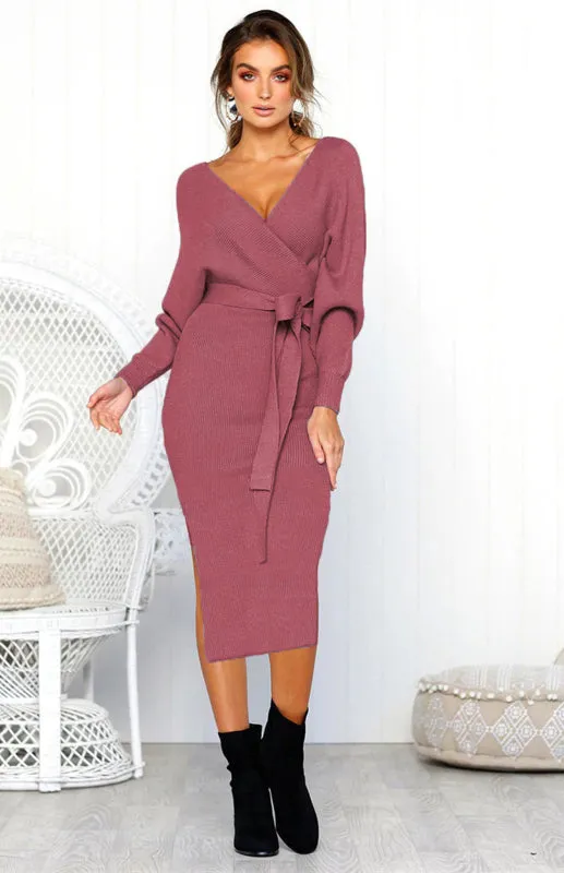 V-Neck Midi Dress with Lace-Up Wrap and Belted Waist