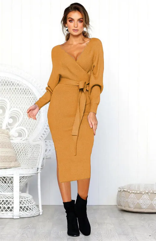 V-Neck Midi Dress with Lace-Up Wrap and Belted Waist