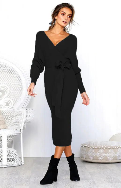 V-Neck Midi Dress with Lace-Up Wrap and Belted Waist