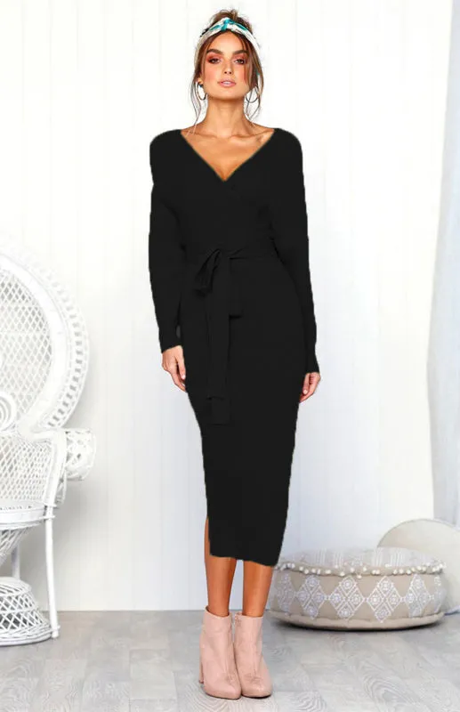 V-Neck Midi Dress with Lace-Up Wrap and Belted Waist