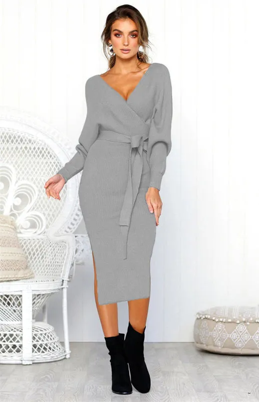 V-Neck Midi Dress with Lace-Up Wrap and Belted Waist