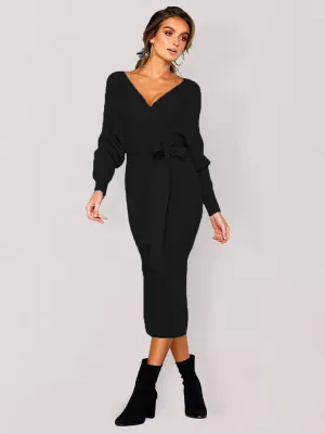 V-Neck Midi Dress with Lace-Up Wrap and Belted Waist