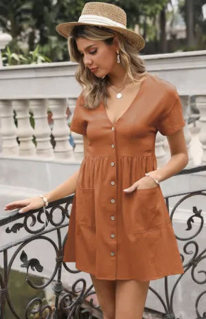 V-Neck Shirt Dress with Button-Down Front and Pockets