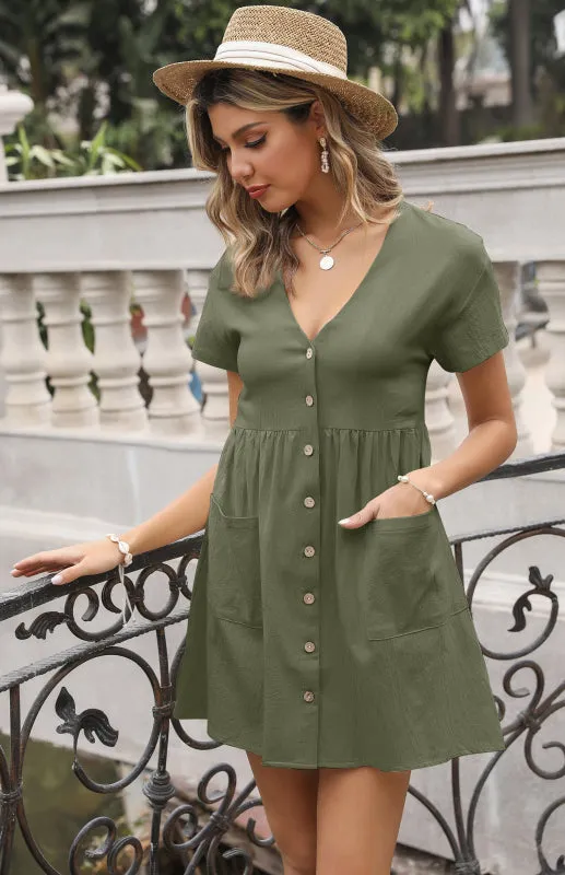 V-Neck Shirt Dress with Button-Down Front and Pockets