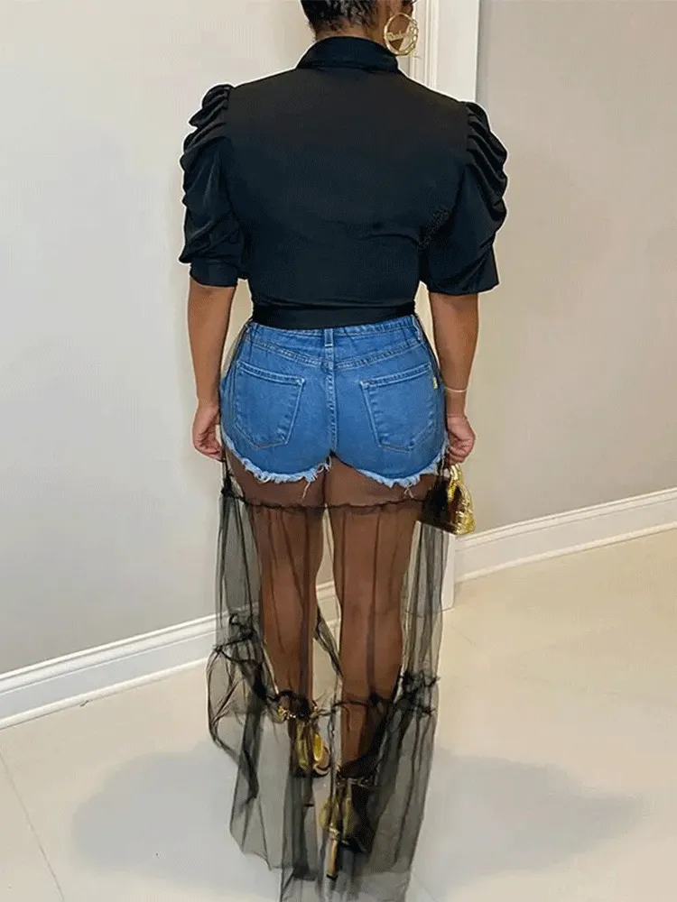 V-neck Shirt Mesh Patchwork Dress