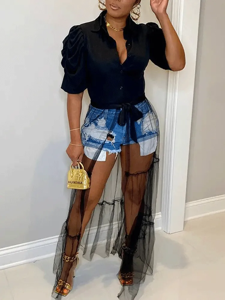 V-neck Shirt Mesh Patchwork Dress