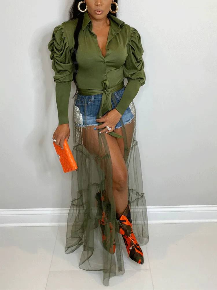 V-neck Shirt Mesh Patchwork Dress
