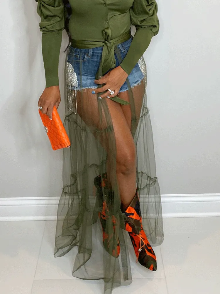 V-neck Shirt Mesh Patchwork Dress