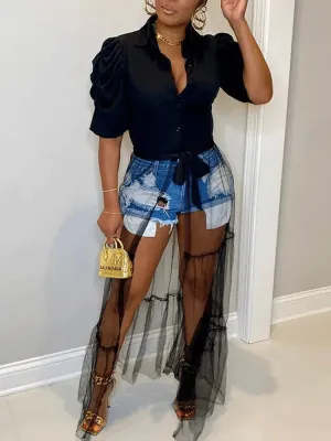 V-neck Shirt Mesh Patchwork Dress